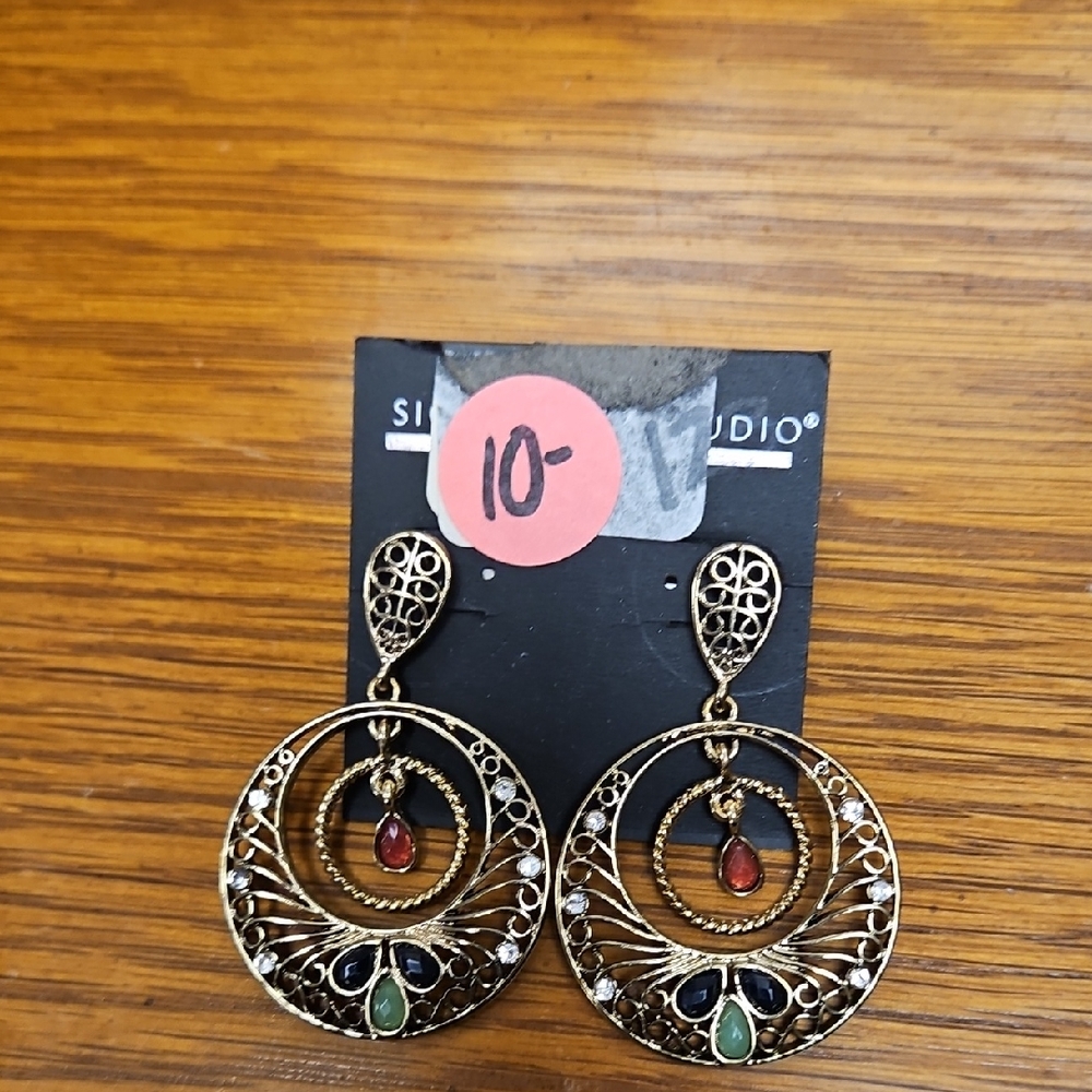 Signature Studio Gold-Tone Filigree Hoop Earrings with Red & Green Stones